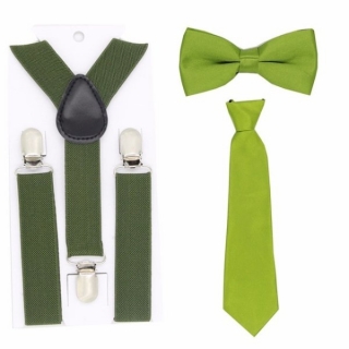 Kšandy šle + motýlek + kravata DĚTSKÉ 2,5cm široké set = 3ks > varianta zelená vojenská
