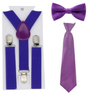 Kšandy šle + motýlek + kravata DĚTSKÉ 2,5cm široké set = 3ks > varianta Fialová
