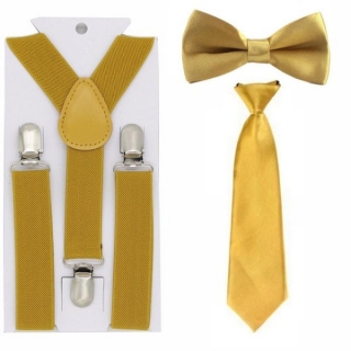 Kšandy šle + motýlek + kravata DĚTSKÉ 2,5cm široké set = 3ks > varianta zlatá hnědá