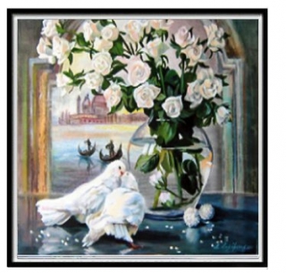 Vyšívací sada s kamínky diamantové vyšívání KAMÍNKY NEJSOU PO CELÉ PLOŠE růže holubičky > 25x25cm