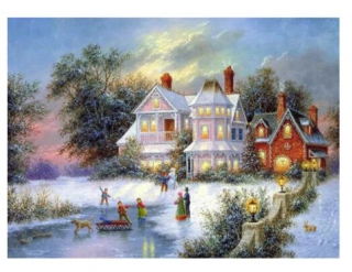 Kamínkové vyšívání obraz z kamínků Vyšívací sada diamantové vyšívání KAMÍNKY JSOU PO CELÉ PLOŠE zimní zasněžen > 25x20cm
