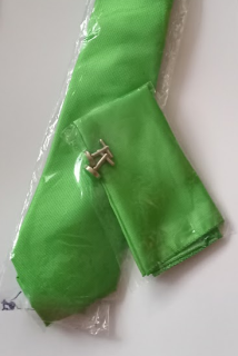 Kravata + kapesníček + manžetové knoflíčky 1 pár 3 dílná souprava jarní zelená