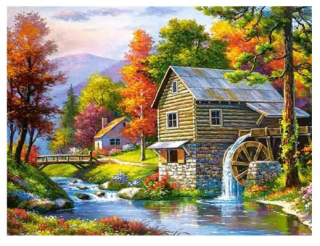Diamantové vyšívání Obrazy s kamínků KAMÍNKY JSOU PO CELÉ PLOŠE dům a voda > 20x30cm