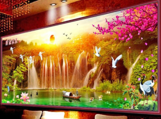 Diamantové vyšívání Obrazy s kamínků KAMÍNKY JSOU PO CELÉ PLOŠE vodopád ptáci > 30x60cm